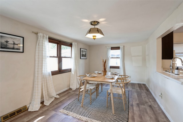 dining room featuring dark hardwood / wood-style flooring and a healthy amount of sunlight