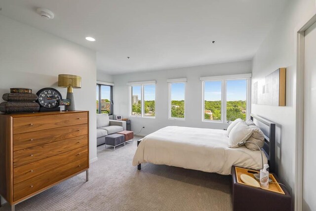 bedroom with light colored carpet