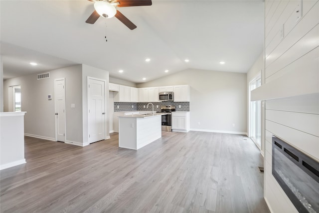 kitchen featuring light wood-type flooring, stainless steel appliances, and a wealth of natural light