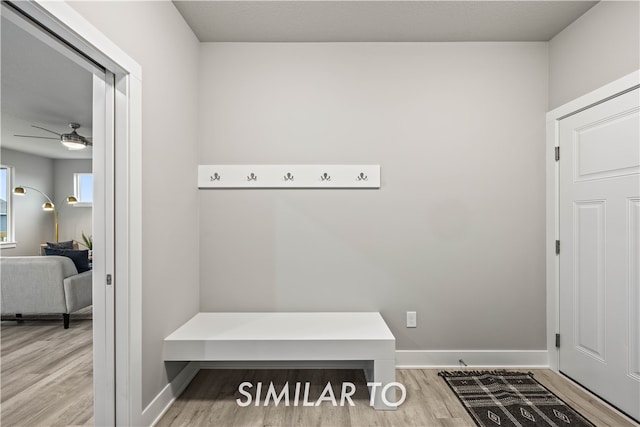 mudroom with ceiling fan and wood-type flooring