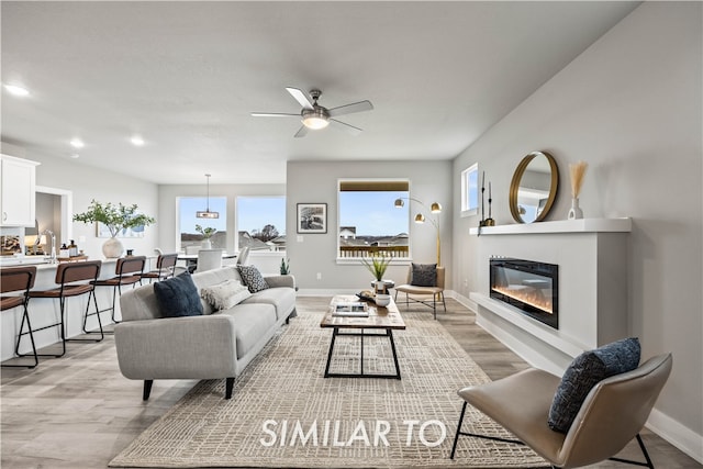 living room featuring ceiling fan and light hardwood / wood-style flooring