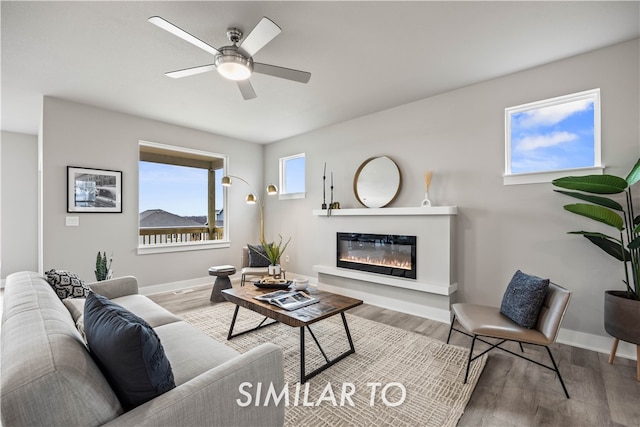 living room with wood-type flooring and ceiling fan