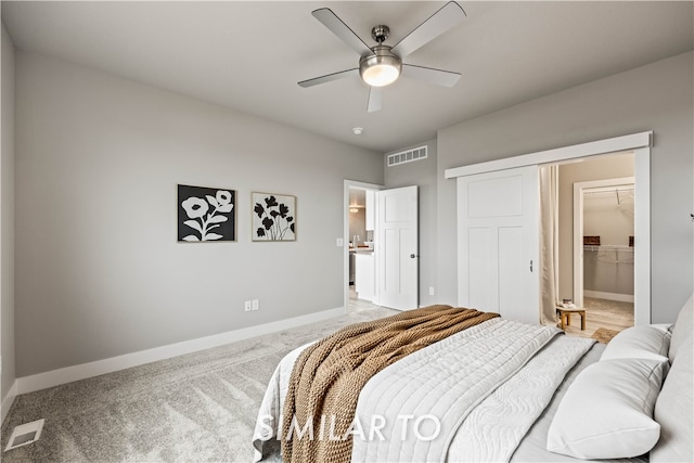 bedroom with carpet flooring, ceiling fan, a closet, and a spacious closet