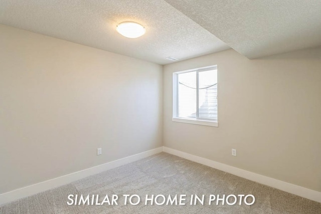 spare room featuring light colored carpet and a textured ceiling