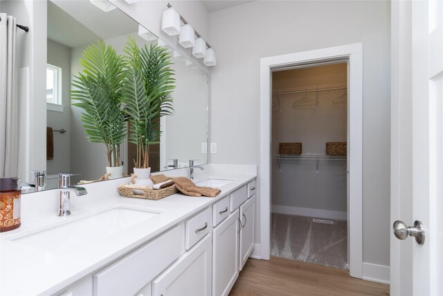 bathroom featuring double vanity, baseboards, a sink, and wood finished floors