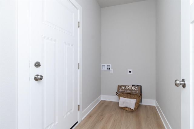 laundry room featuring light wood-style flooring, laundry area, washer hookup, baseboards, and electric dryer hookup