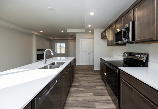 kitchen with sink, light hardwood / wood-style floors, dark brown cabinets, and appliances with stainless steel finishes