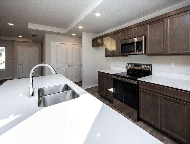 kitchen with dark brown cabinetry, stainless steel appliances, dark hardwood / wood-style floors, and sink