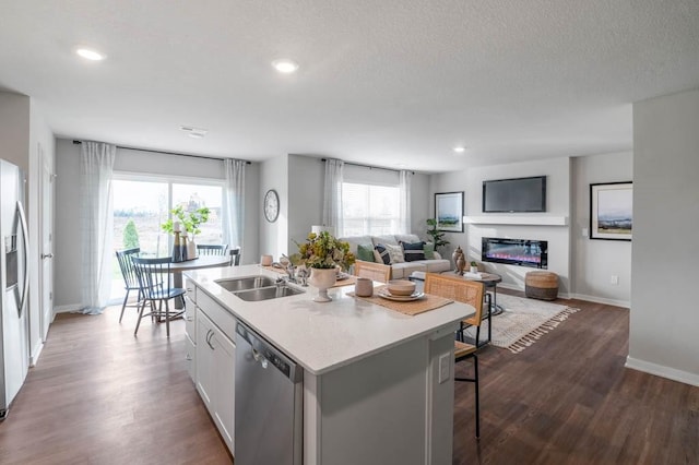 kitchen featuring dark wood finished floors, a kitchen island with sink, a sink, stainless steel appliances, and light countertops