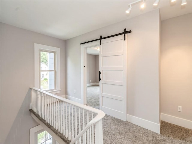 hallway featuring a barn door and light colored carpet