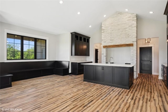 kitchen with dark brown cabinets, wood-type flooring, high vaulted ceiling, sink, and a kitchen island with sink