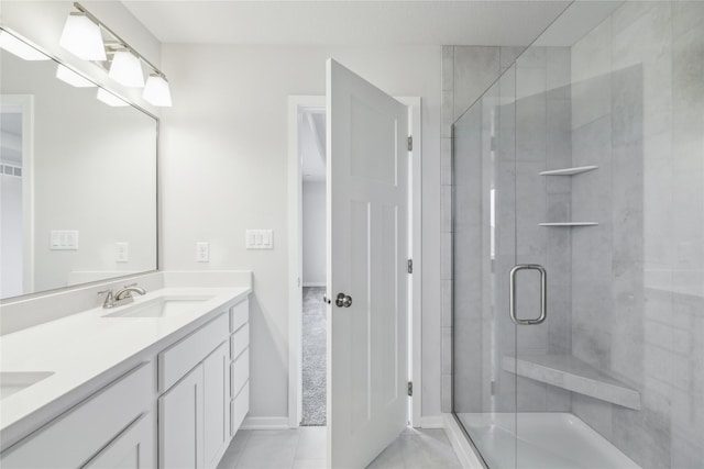 bathroom with vanity and a shower with shower door