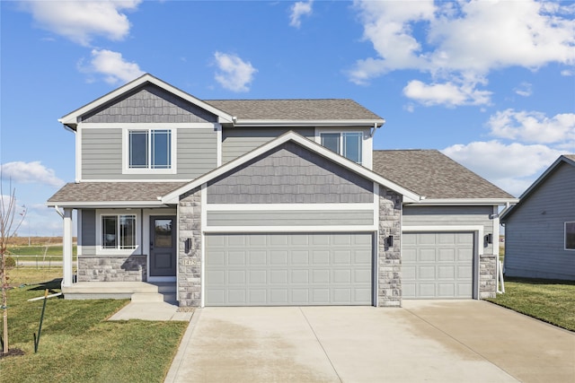 craftsman house featuring a front yard and a garage