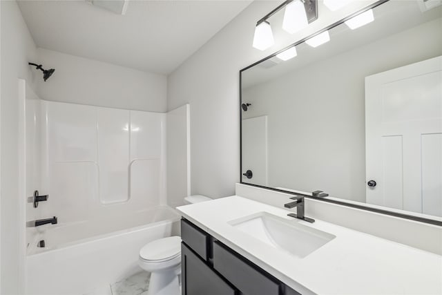 full bathroom with toilet, bathtub / shower combination, and vanity