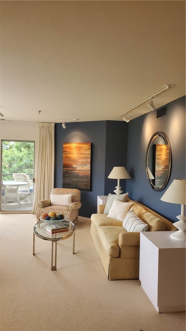 living room with carpet flooring and track lighting