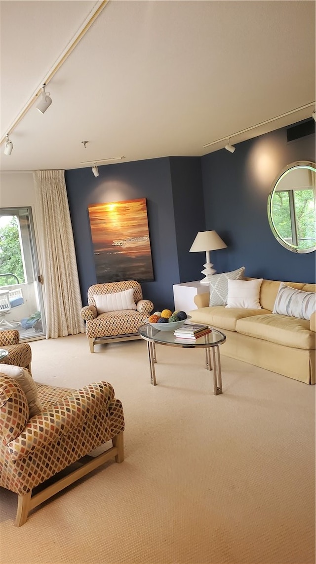 living room with carpet flooring and track lighting