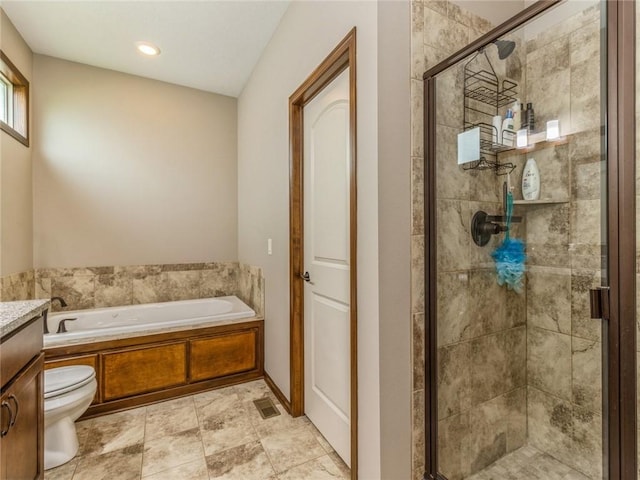 full bathroom with vanity, toilet, and plus walk in shower