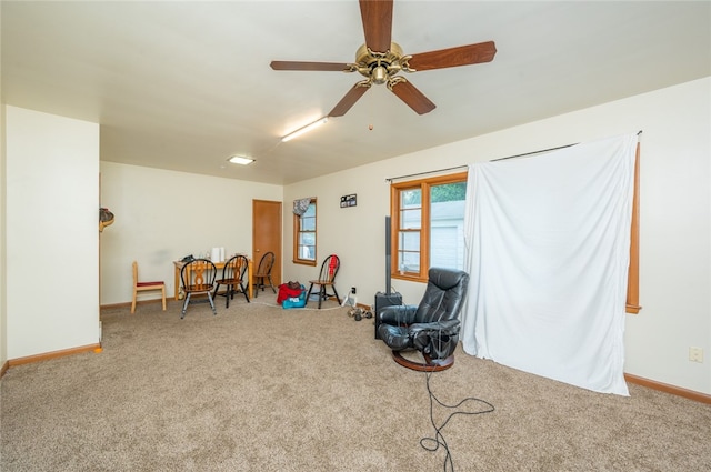 game room featuring carpet floors and ceiling fan