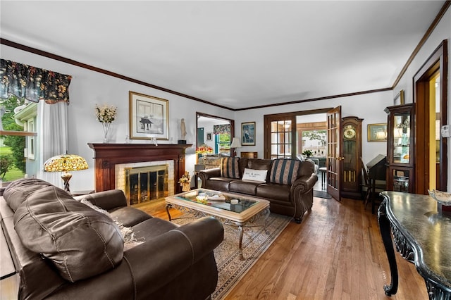 living room featuring hardwood / wood-style floors, a fireplace, and crown molding