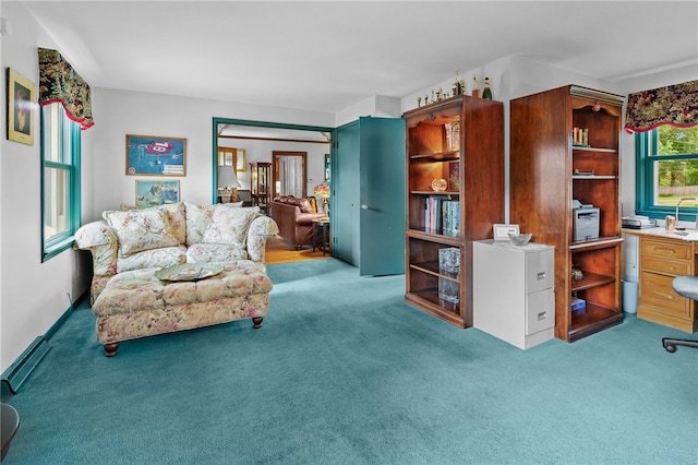 living area featuring carpet floors