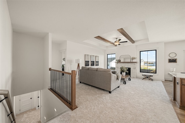 living room with a fireplace, a raised ceiling, and ceiling fan