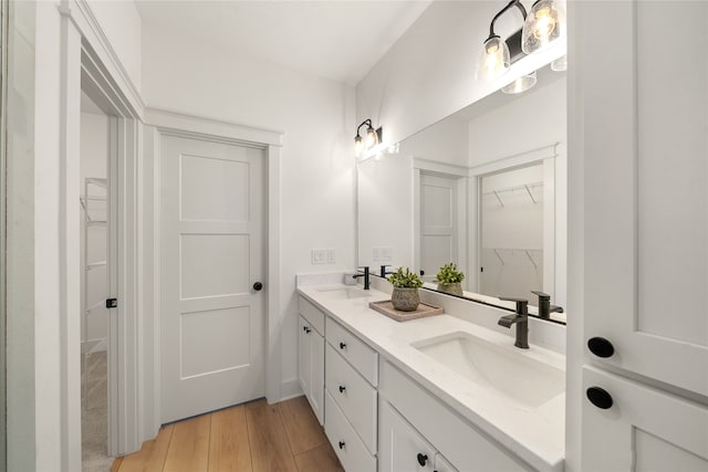 bathroom with vanity and wood-type flooring