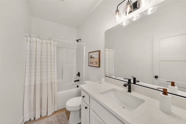 full bathroom featuring vanity, toilet, shower / bathtub combination with curtain, and hardwood / wood-style flooring