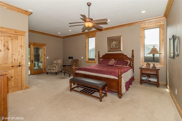 bedroom with light carpet, ceiling fan, and ornamental molding