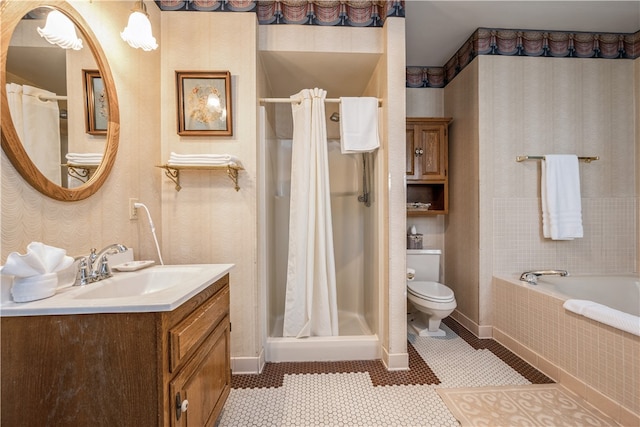 full bathroom with shower with separate bathtub, vanity, tile patterned flooring, and toilet