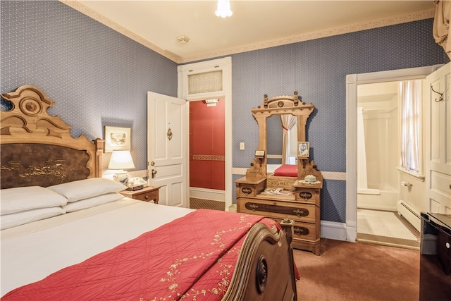 bedroom featuring carpet and a baseboard heating unit