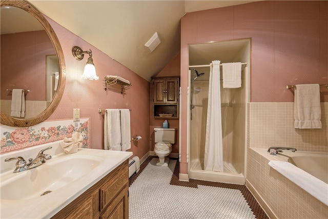 full bathroom featuring vanity, shower with separate bathtub, toilet, baseboard heating, and lofted ceiling