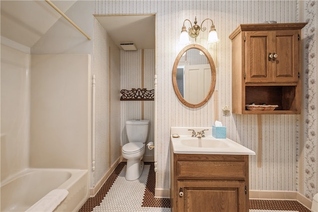 full bathroom featuring vanity, shower / bath combination, toilet, and tile patterned floors