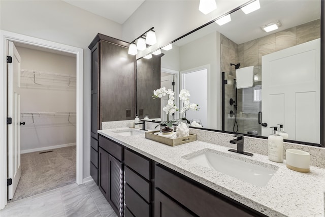 bathroom with vanity and a shower with shower door