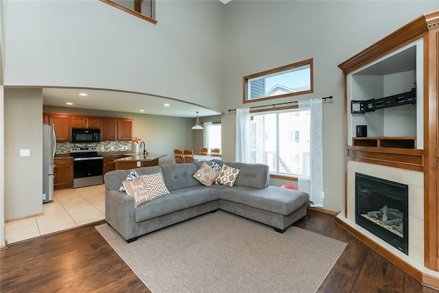 living room featuring a towering ceiling and light hardwood / wood-style flooring