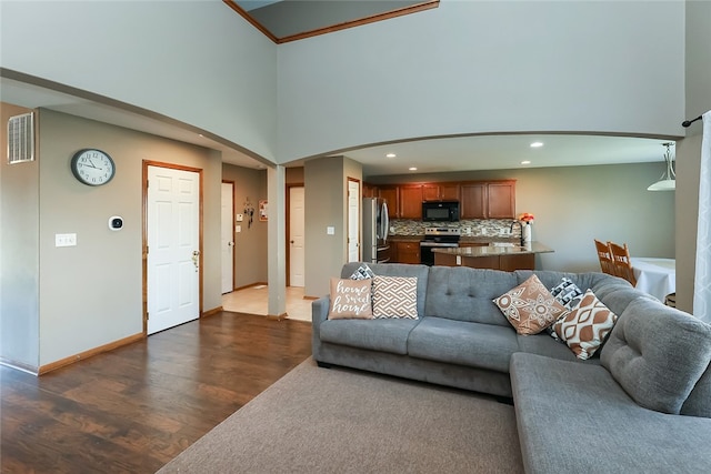 living room with hardwood / wood-style flooring and a towering ceiling