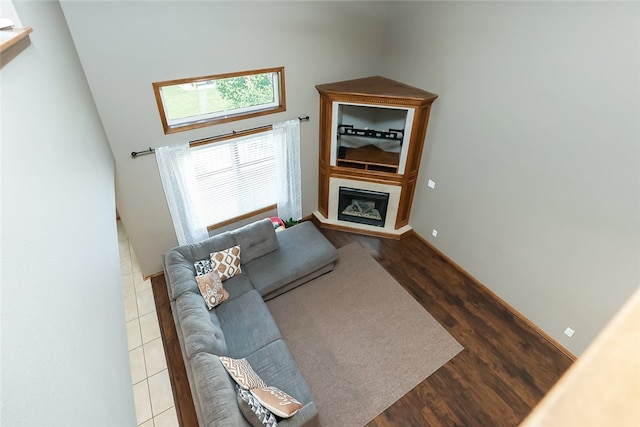 living room with wood-type flooring and lofted ceiling