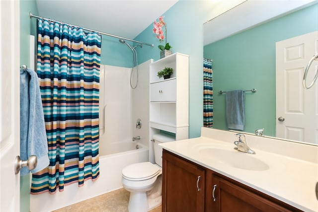 full bathroom with vanity, shower / tub combo, tile patterned flooring, and toilet