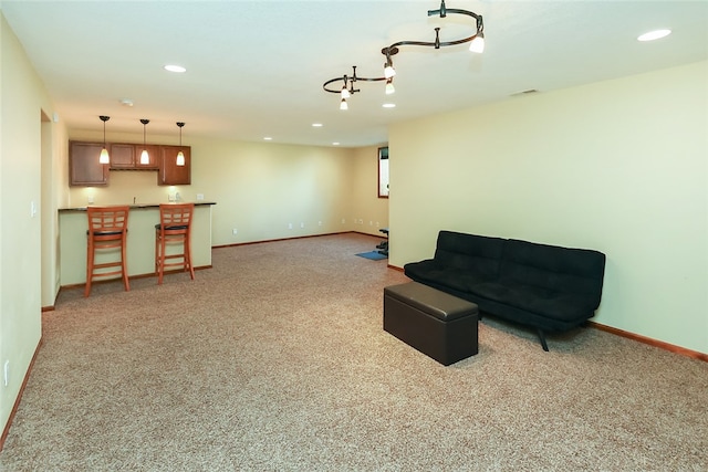 living area with bar and carpet floors