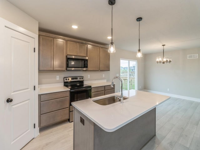 kitchen featuring visible vents, appliances with stainless steel finishes, light wood-type flooring, a sink, and light countertops