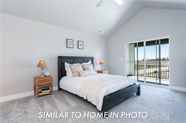 carpeted bedroom featuring ceiling fan, access to exterior, and lofted ceiling