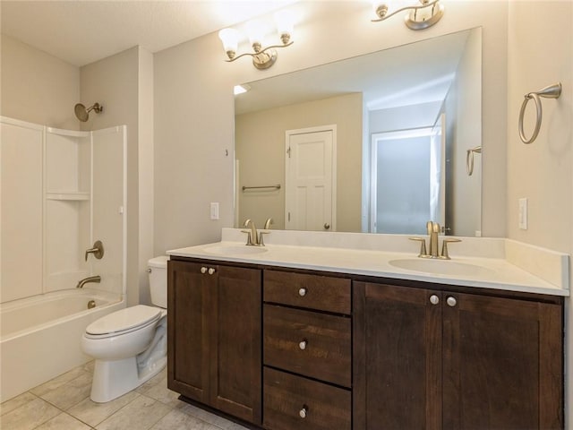 full bathroom featuring tile patterned flooring, vanity,  shower combination, and toilet