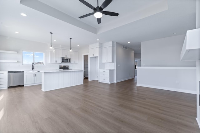 kitchen featuring white cabinetry, a center island, appliances with stainless steel finishes, hardwood / wood-style flooring, and ceiling fan