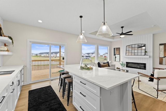 kitchen featuring white cabinetry, a tray ceiling, pendant lighting, and a kitchen breakfast bar