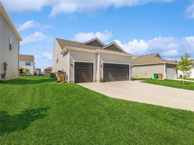 view of side of home featuring central air condition unit, a lawn, concrete driveway, and a garage