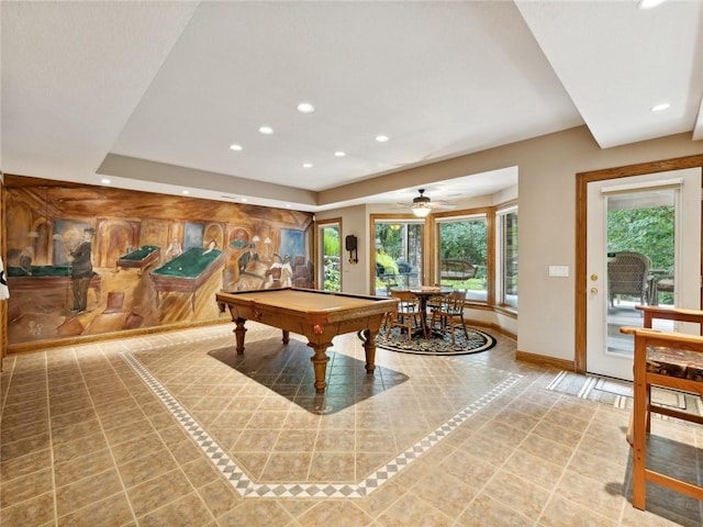 game room featuring tile patterned floors, a wealth of natural light, ceiling fan, and pool table