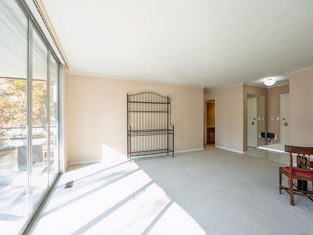 spare room with crown molding and light carpet