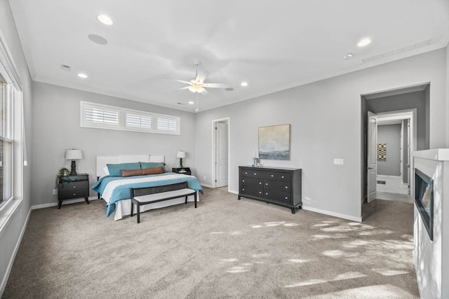 bedroom with ceiling fan and carpet