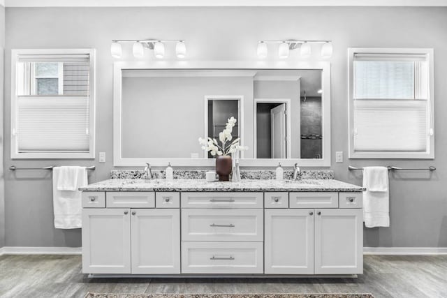 bathroom with vanity and wood-type flooring