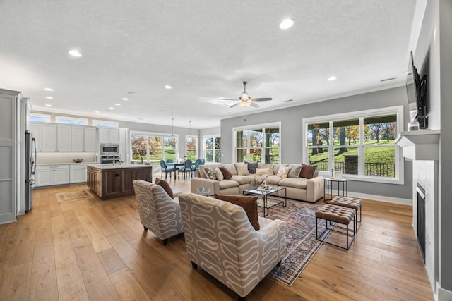 living room with ceiling fan, light hardwood / wood-style floors, and a textured ceiling