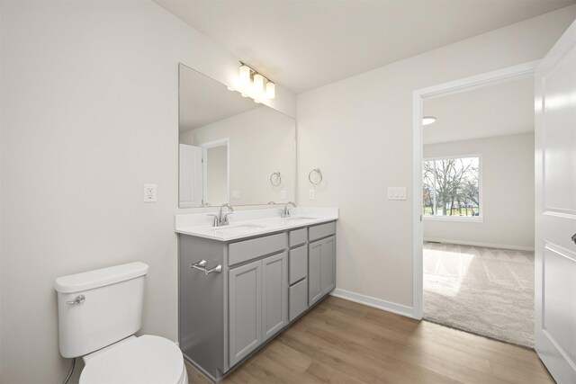 800 Linden St, Carlisle, IA 50047 - full bathroom featuring double vanity, toilet, wood finished floors, and baseboards